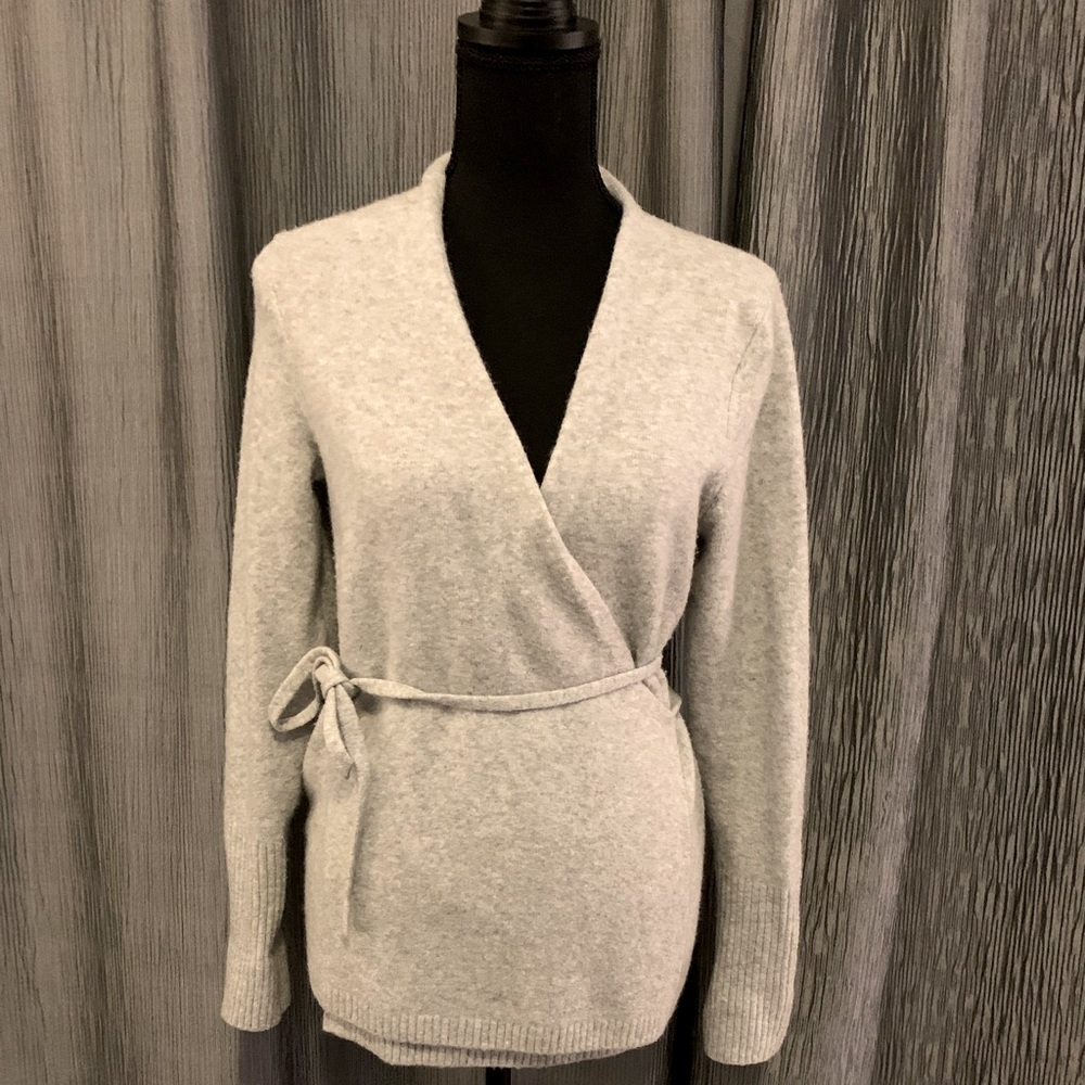 Loft size M heather grey ballet wrap sweater self-tie NWOT wool blend